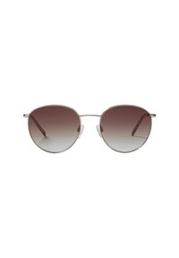 Ronde zonnebril met een metallic frame, een verloopbruin glas, transparante neuspads en dunne, rechte pootjes.