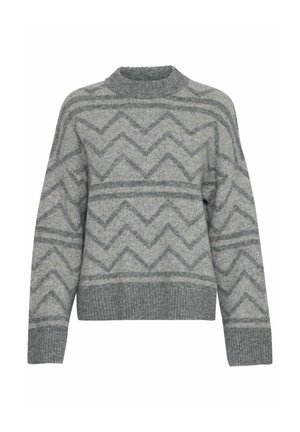 Grijze gebreide trui met een ruitpatroon. Bevat een geribbeld kraag en uiteinde, een gestructureerd materiaal en een ontspannen pasvorm.