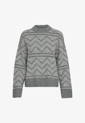 Pull en tricot gris avec un motif en chevrons. Présente un col et un ourlet côtelés, un matériau texturé et une coupe décontractée.