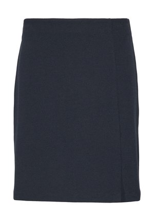 Gonna fitted blu navy in tessuto testurizzato, con taglio dritto e uno spacco laterale, caratterizzata da un design pulito senza hardware o decorazioni visibili.