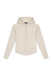 Svetlo béžová mikina na zips so priliehavým strihom, dlhými rukávmi, kapucňou a jemným logom na spodnej prednej strane. Hladká látka s jemným leskom.
