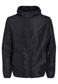 Black lightweight jacket with a hood, full zip closure, and two front pockets. Smooth, shiny texture with elastic cuffs and hem.