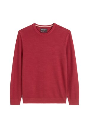 Maglione rosso a collo rotondo con maniche lunghe, realizzato in un tessuto texturizzato. Presenta un colletto e polsini a coste. Finitura liscia nel complesso.