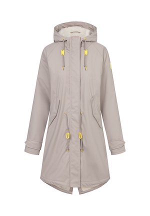 Light beige coat with a fleece-lined hood, adjustable drawstrings, yellow hardware accents, and side pockets; knee-length with rolled cuffs.