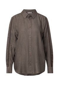 Chemise marron à manches longues avec col, ornée de rayures latérales sombres, de boutons sur le devant et d'une coupe décontractée. Tissu texturé doux.