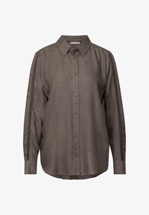 Brun langærmet skjorte med krave, der har mørke side-striber, frontknapper og en afslappet pasform. Blødt tekstureret stof.