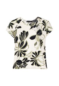 Kremowa bluzka krótki rękaw z kwiatowym wzorem, w której znajdują się czarne i oliwkowo-zielone kwiaty, z marszczonym dekoltem i luźnym fasonem.