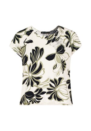Haut à manches courtes à motif floral crème, présentant des fleurs noires et vert olive, avec un col froncé et une coupe ample.