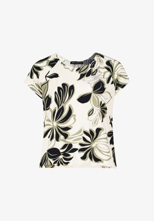 Kremowa bluzka krótki rękaw z kwiatowym wzorem, w której znajdują się czarne i oliwkowo-zielone kwiaty, z marszczonym dekoltem i luźnym fasonem.