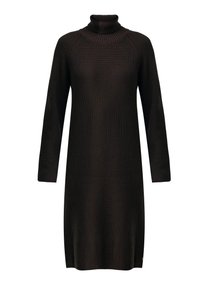 Abito nero in maglia a coste con alto collo a lupetto, maniche lunghe a raglan e orlo all'altezza del ginocchio. Presenta un accento discreto con il logo del brand.