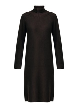 Zwarte geribbelde gebreide jurk met een hoge col, lange raglanmouwen en een lengte tot de knie. Voorzien van een subtiele brandlogo-accent.
