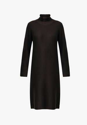 Vestido negro de punto acanalado con cuello alto, mangas raglán largas y un dobladillo a la altura de la rodilla. Presenta un sutil acento con el logo de la marca.