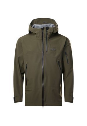 Veste d'extérieur vert olive avec capuche, fermeture éclair frontale, trois poches zippées et sangles de poignet réglables.