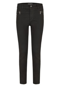 Svarta smala jeans med en slät yta, utrustade med två fickor fram med dragkedja och en standard knappstängning. Designade för en åtsittande passform.