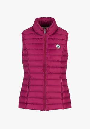 Roze gewatteerde vest met hoge kraag en ritssluiting aan de voorkant. Beschikt over een gestikt ontwerp en een circulair logo op de linkerborst. Lichtgewicht, geïsoleerd materiaal.