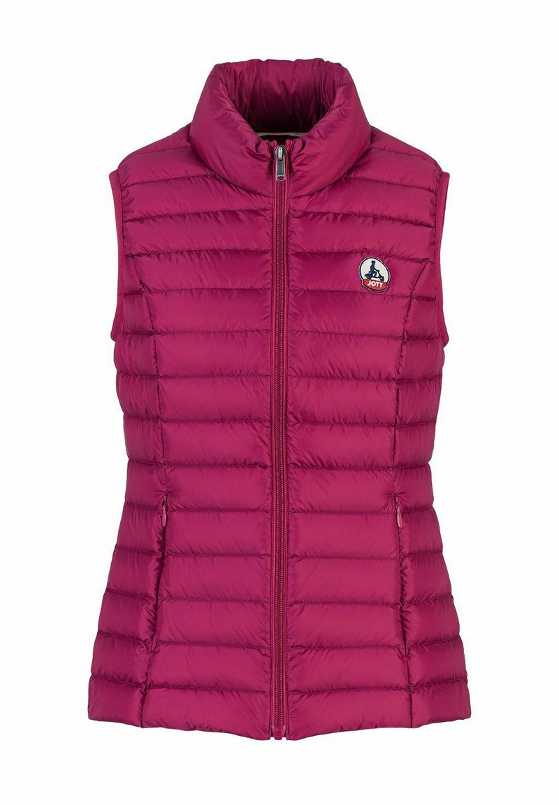 Pink puffer vest with high collar and front zipper. Features quilted design and a circular logo on left chest. Lightweight, insulated material.