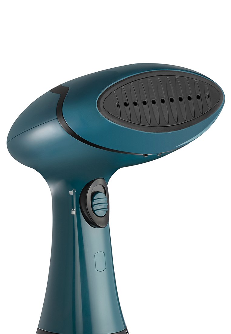Défroisseur à main en plastique turquoise avec un corps contourné, une buse arrondie et des orifices à vapeur orientés vers le haut. Il possède un bouton d'alimentation et un cadran.