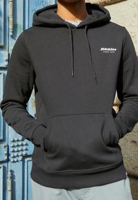 Felpa nera con cappuccio, tasca frontale, cappuccio regolabile con lacci e logo bianco "Dickies". Il tessuto sembra morbido e liscio.