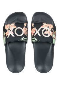 Sorte sandaler med blomsterrem som har "XOXO" i sølv. Teksturert, matt finish på innersålen for grep og komfort.