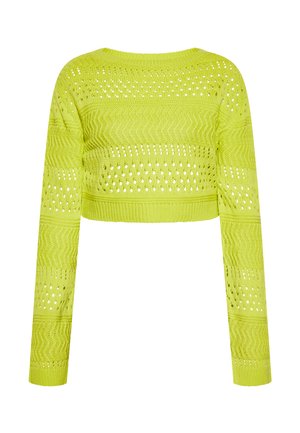 Lys gulgrøn kortstrikket sweater med lange ærmer og vekslende hulmønstre og strukturerede zigzag-mønstre.