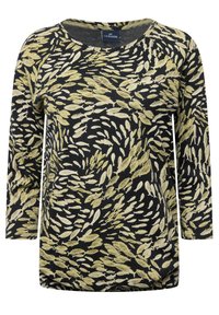 Schwarzes Langarmshirt mit einem verstreuten Blattmuster in Creme und Gelb. Weicher Stoff mit Rundhals und lockerer Passform.