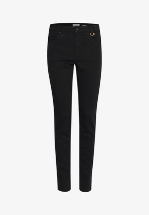 Mustad mustad teksad, klassikalise viie tasku disainiga, lukuga süvis ja kerge dekoratiivne silmus vööl.