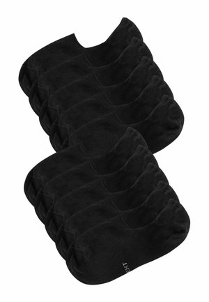 Satz von zehn schwarzen, niedrig geschnittenen Knöchelsocken, angeordnet in zwei überlappenden Reihen auf weißem Hintergrund.