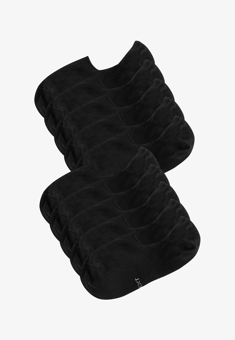 Satz von zehn schwarzen, niedrig geschnittenen Knöchelsocken, angeordnet in zwei überlappenden Reihen auf weißem Hintergrund.