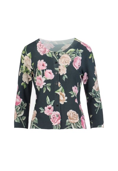 Cardigan fleuri vert foncé avec manches trois-quarts, décoré de roses roses et crème. Boutons sur le devant et ourlet côtelé pour la texture et les détails.