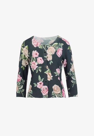 Cardigan fleuri vert foncé avec manches trois-quarts, décoré de roses roses et crème. Boutons sur le devant et ourlet côtelé pour la texture et les détails.
