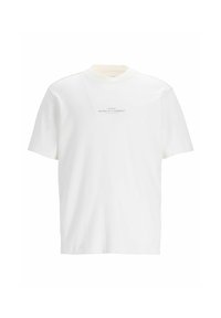 T-shirt di cotone bianco con collo rotondo e maniche corte. Presenta un sottile testo blu sul davanti. Tessuto liscio, vestibilità regolare.
