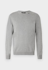 Maglione grigio chiaro con maniche lunghe, collo a giro, texture lavorata a maglia e design semplice con un piccolo logo sopra la spalla sinistra.
