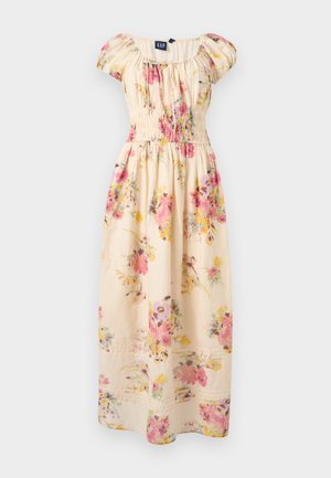 Kréme sfarbené maxi šaty zo zníženým výstrihom, s ružovými a žltými kvetmi, nafúknutými rukávmi a stiahnutým pásom od značky GAP.