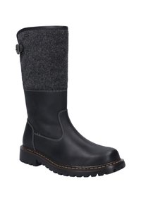 Bota alta de cuero negro con parte superior de fieltro gris, acentos de costura y detalle de hebilla lateral. Cuenta con una suela de goma gruesa y texturizada para un mejor agarre.