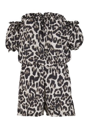 Combishort à imprimé léopard, épaules dénudées, en beige et noir, avec manches et taille élastiquées, au design court et décontracté.