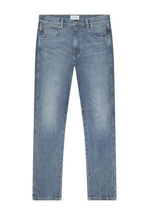 Lysblå denim jeans med en lige ben-design, fem lommer og kontraststikninger. Stof har en slidt, struktureret finish.