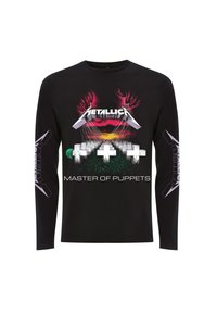 Zwarte longsleeve shirt met het 'Metallica' logo en het 'Master of Puppets' ontwerp in levendige kleuren met hand- en kruisdetails.