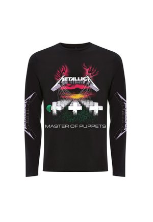 Zwarte longsleeve shirt met het 'Metallica' logo en het 'Master of Puppets' ontwerp in levendige kleuren met hand- en kruisdetails.