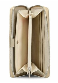 Cartera de cuero beige con cierre de cremallera, que cuenta con múltiples ranuras para tarjetas, un compartimento con cremallera y un suave forro interior.