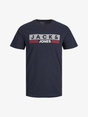 Navy blue cotton t-shirt featuring a bold graphic design with "JACK & JONES" in white and red stripes across the chest. Classic crew neck.
