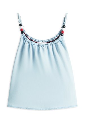 Lyseblå ermeløs topp med justerbare skulderstropper dekorert med svarte, hvite og røde perler og en rynket halslinning.
