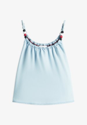 Hellblaues ärmelloses Oberteil mit verstellbaren Schulterriemen, geschmückt mit schwarzen, weißen und roten Perlen und einem gerafften Ausschnitt.