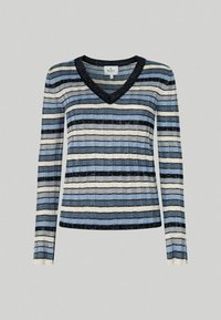 Striped sweater with a V-neck, featuring blue, navy, cream, and silver threads. Textured ribbed fabric, long sleeves, and fitted design.
