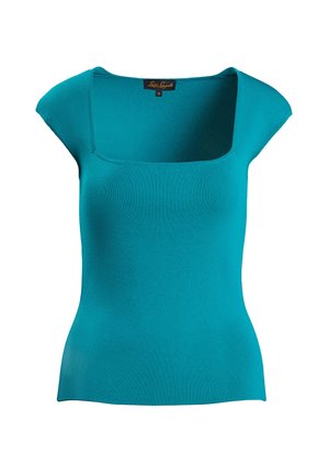 Teal, fitted short-sleeve top with a square neckline. Made of smooth, stretchy material. No visible patterns or hardware details.