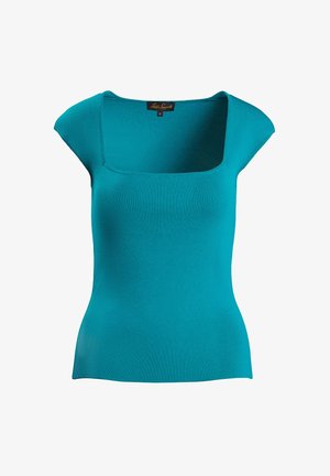 Top scurt, ajustat, de culoare teal, cu decolteu pătrat. Fabricat dintr-un material neted și elastic. Fără modele vizibile sau detalii din metal.