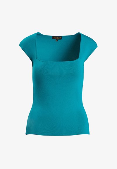 Top corto aderente teal con scollatura quadrata. Realizzato in materiale liscio e stretchy. Senza pattern visibili o dettagli hardware.