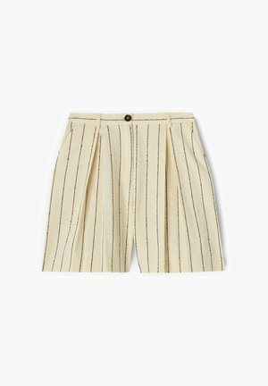 Kremowe szorty o wysokim stanie z czarnymi pionowymi prążkami, zapięciem na guziki z przodu, szlufkami na pasek i kieszeniami po bokach.