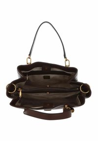 Bruine leren handtas met gouden hardware, voorzien van een bovenrits, twee compartimenten en een binnenvoering met herhalend merklogo.