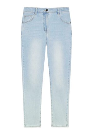 Lyseblå højhalset slim-fit jeans med knap og lynlås foran, to forlommer og diskret falming på lårene.