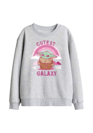 Gray sweatshirt with cartoon green alien wearing brown coat under a pink rainbow and text "Cutest in the Galaxy."